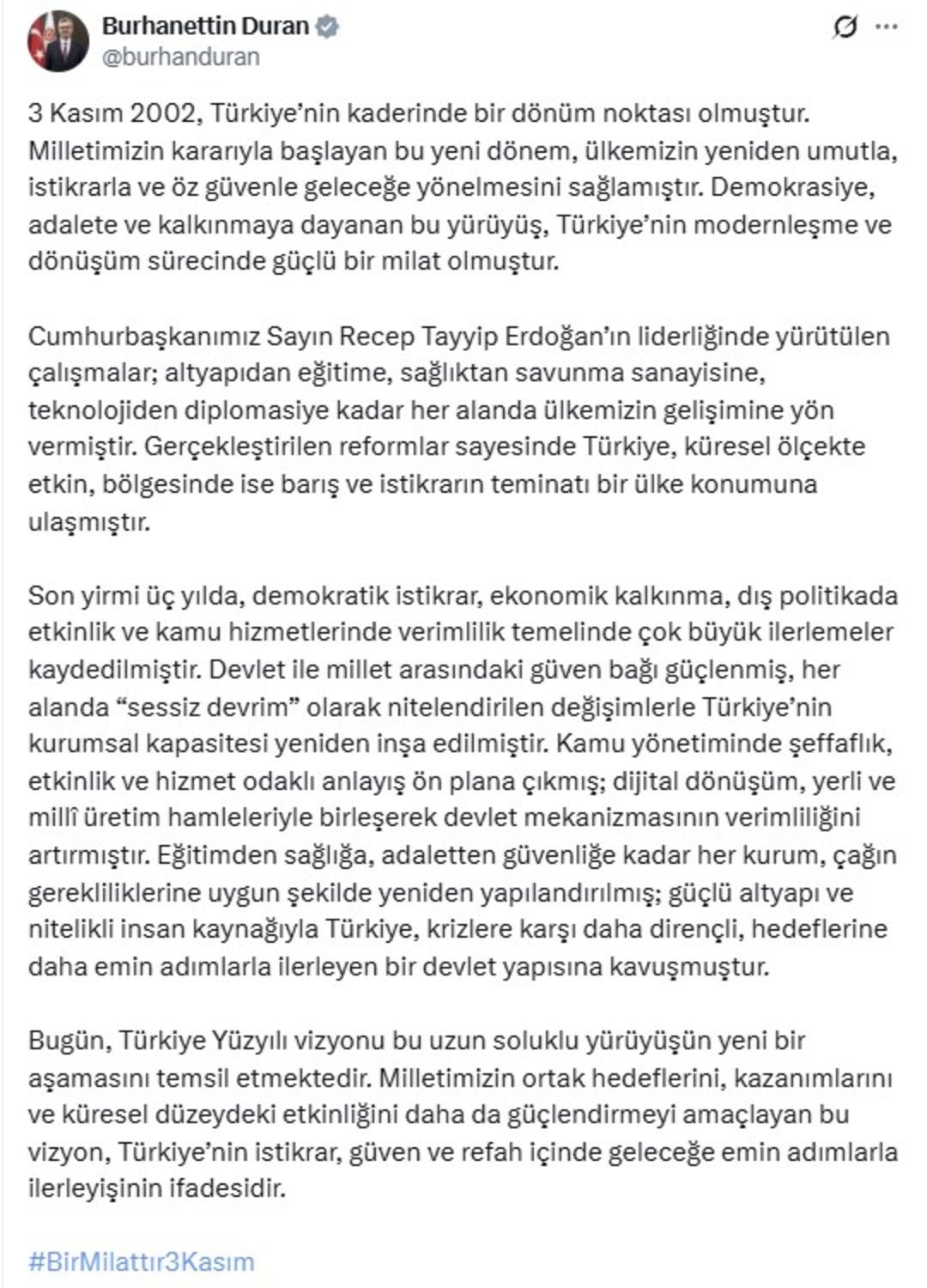 İletişim Başkanı Burhanettin Duran dan 3 Kasım 2022 mesajı 1