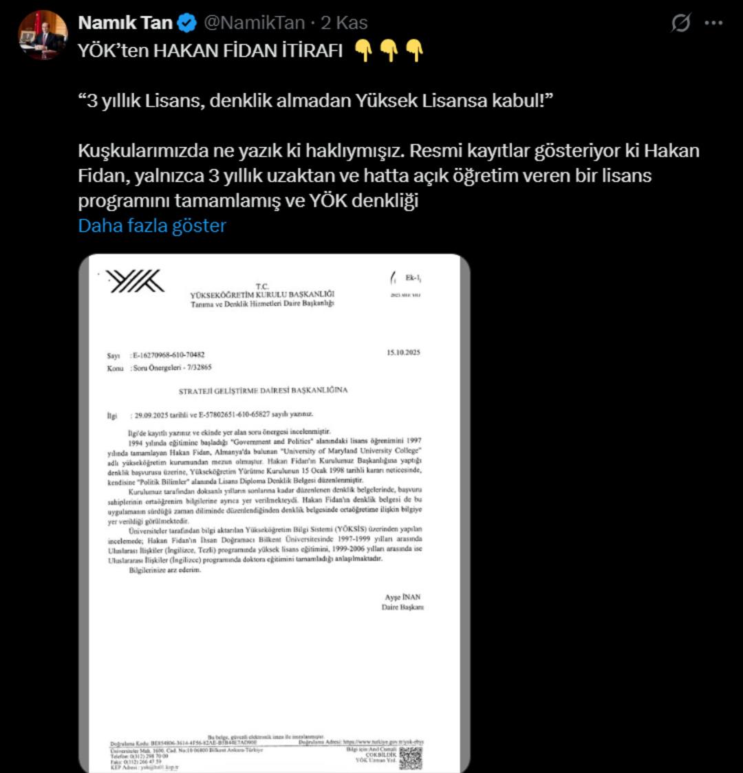 Yüksek lisans öğrenimi hakkındaki iddialar gündem olmuştu! YÖK ten Hakan Fidan açıklaması 1