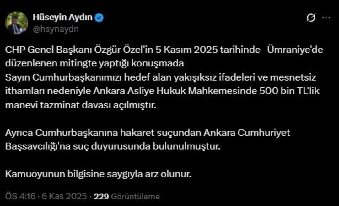 Cumhurbaşkanı Erdoğan dan Özel e tazminat davası 1