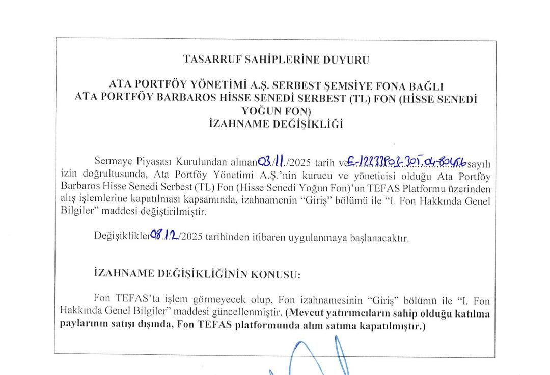 Ata Portf&ouml;y&rsquo;&uuml;n hisse senedi serbest fonu (THV) alım-satıma kapatıldı 1