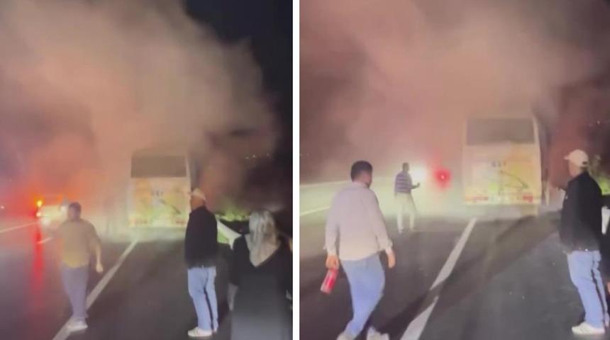 Yolcu midib&uuml;s&uuml;ndeki yangını muhtar ve vatandaşlar &ouml;nledi