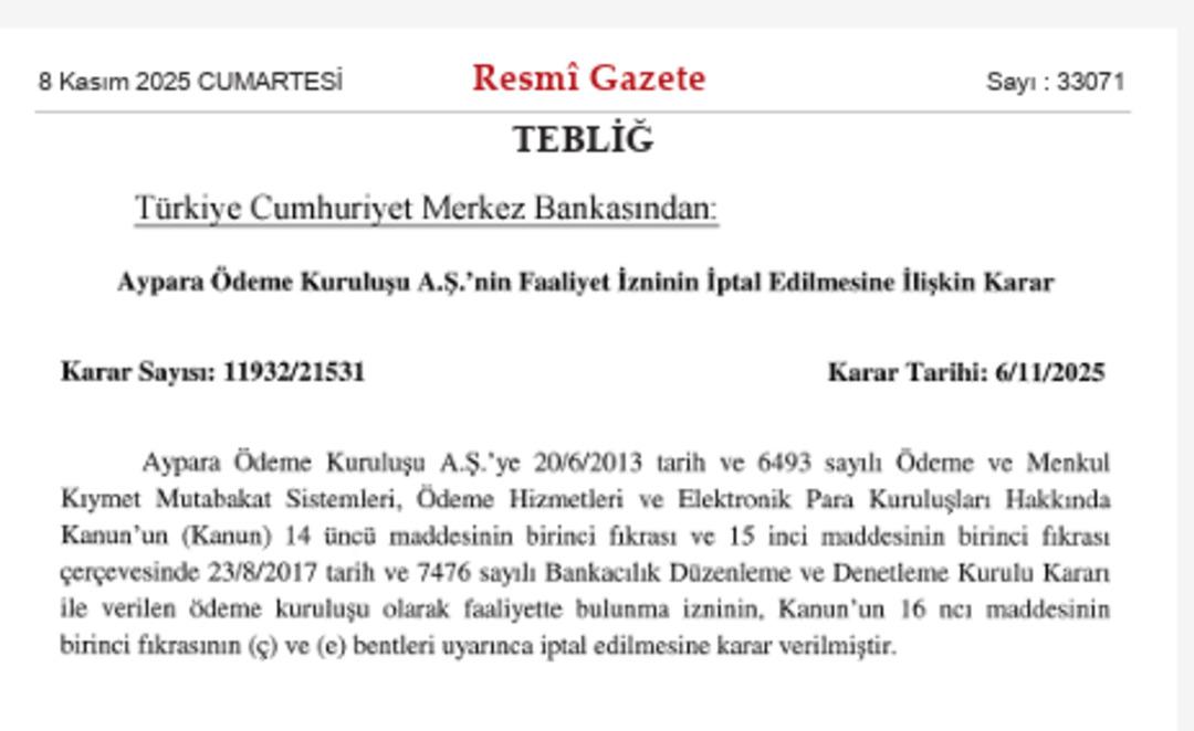 Pay Fix, İninal ve Aypara’nın faaliyet izinleri iptal! Merkez Bankası kararı Resmi Gazete de (8 Kasım 2025) 3