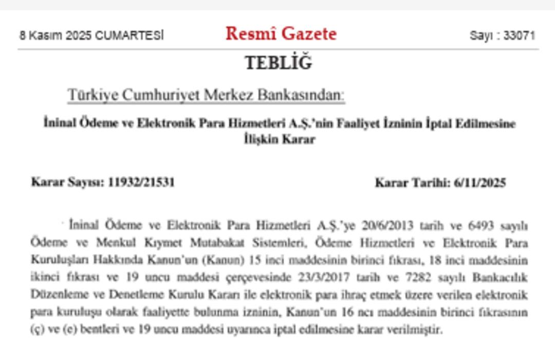 Pay Fix, İninal ve Aypara’nın faaliyet izinleri iptal! Merkez Bankası kararı Resmi Gazete de (8 Kasım 2025) 2