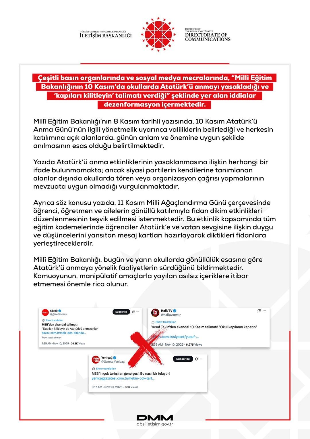 MEB okullardaki 10 Kasım anmasını yasakladı mı? Bir yalanlama da Dezenformasyonla Mücadele Merkezi nden geldi 3