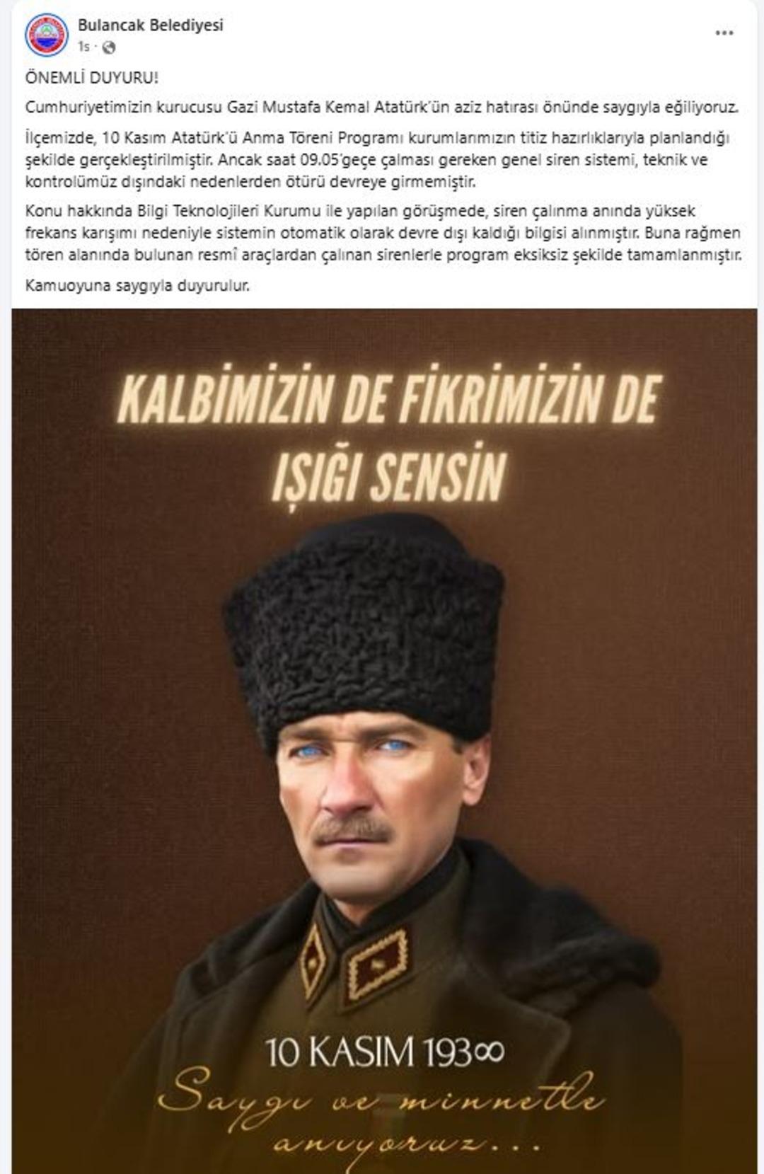 10 Kasım da saat 09.05 te bir tek Bulancak ta sirenler çalmadı! Belediyeden açıklama geldi 2