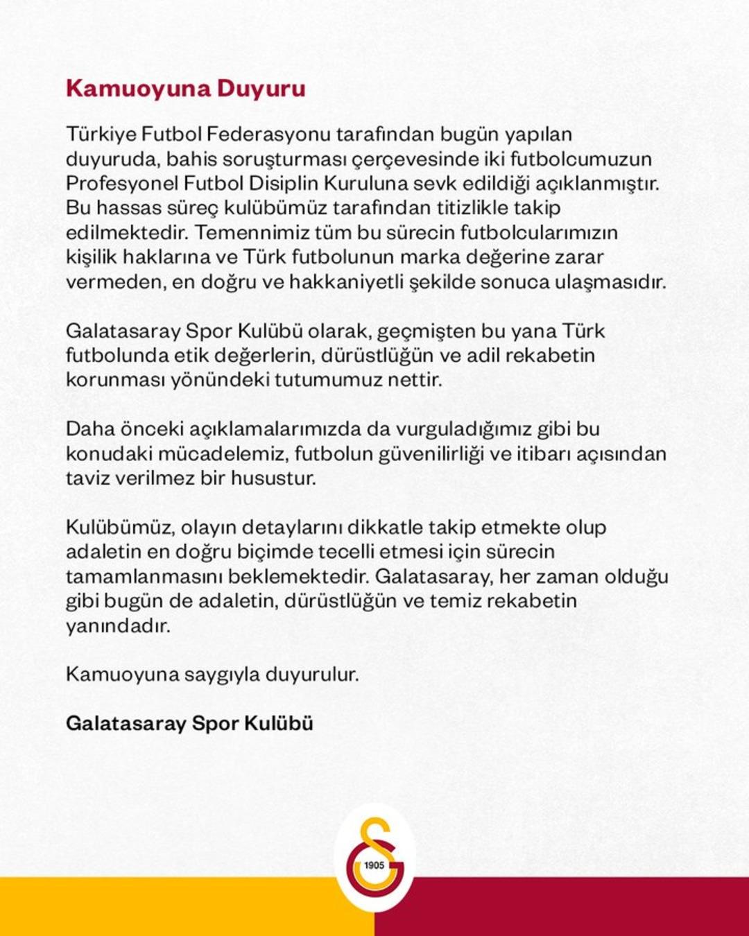 Bahis skandalında Galatasaray dan ilk hamle geldi! Eren Elmalı ve Metehan Baltacı PFDK ya sevk edilmişti: Galatasaray dan a&ccedil;ıklama 2