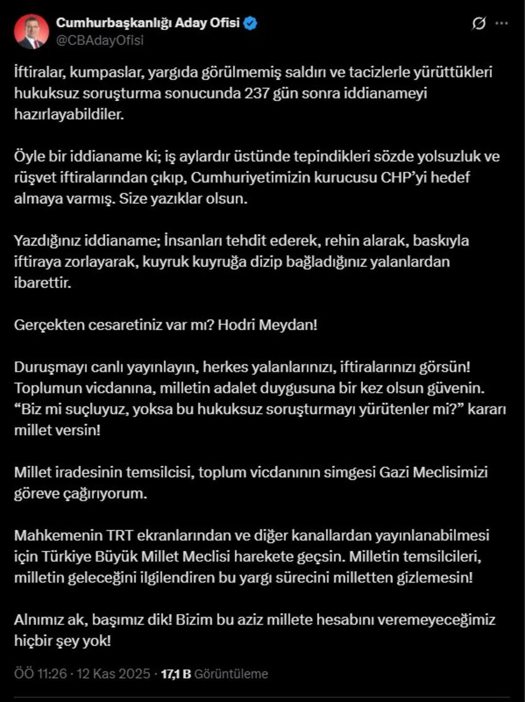 İBB iddianamesi sonrası Ekrem İmamoğlu ndan ilk a&ccedil;ıklama!  TRT  &ccedil;ağrısı yapıp TBMM ye seslendi 3