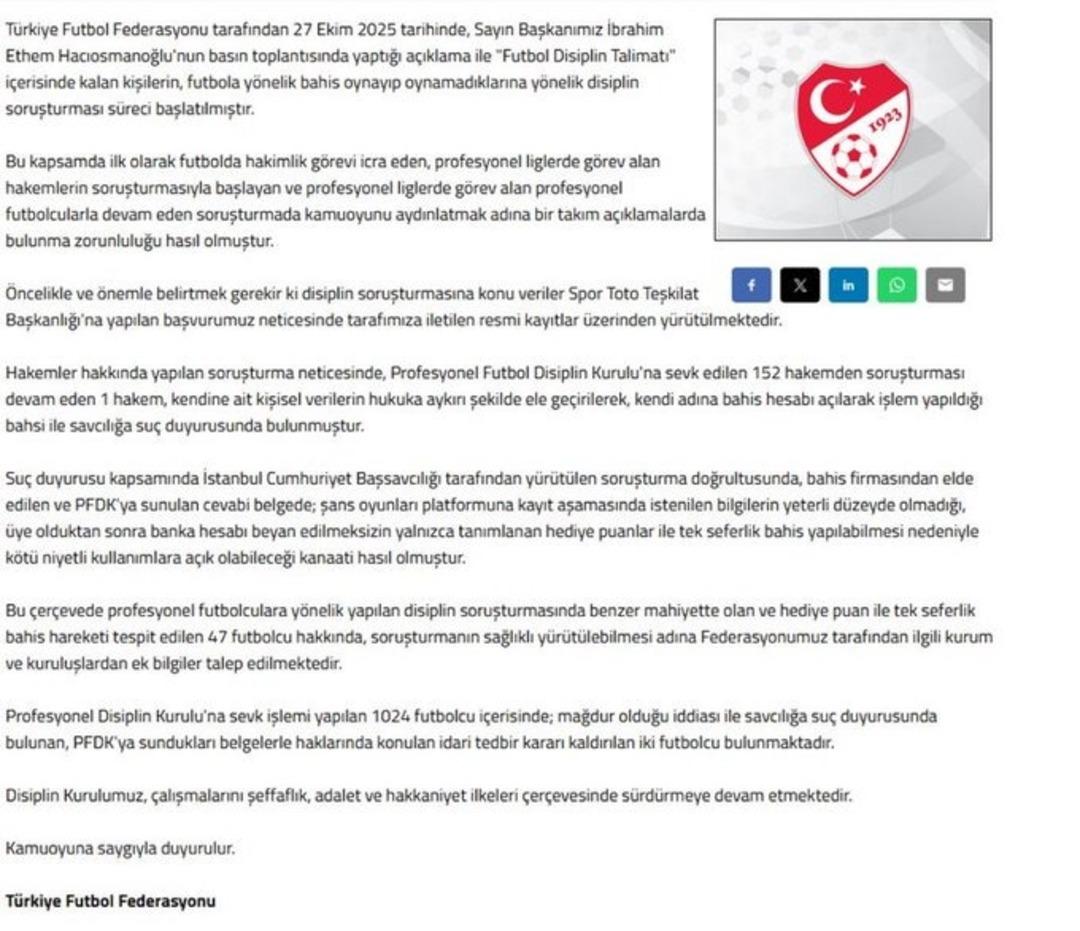T&uuml;rkiye Futbol Federasyonu ndan bahis soruşturmasına y&ouml;nelik yeni bir a&ccedil;ıklama geldi! 47 isim hakkında ek bilgi talep edildi... 1