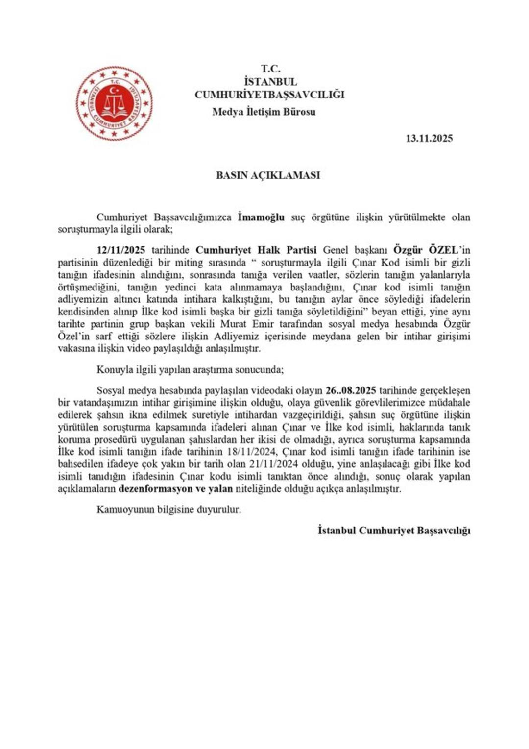 &Ouml;zel, Sultanbeyli de a&ccedil;ıklamıştı!  &Ccedil;ınar  iddialarına savcılıktan yalanlama: "Dezenformasyon niteliğinde olduğu a&ccedil;ık&ccedil;a anlaşılmıştır" 2