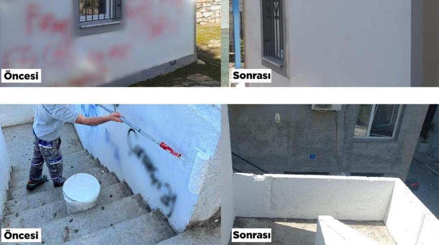 Kent estetiğini bozan yazılar ve resimler belediye ekiplerince temizleniyor