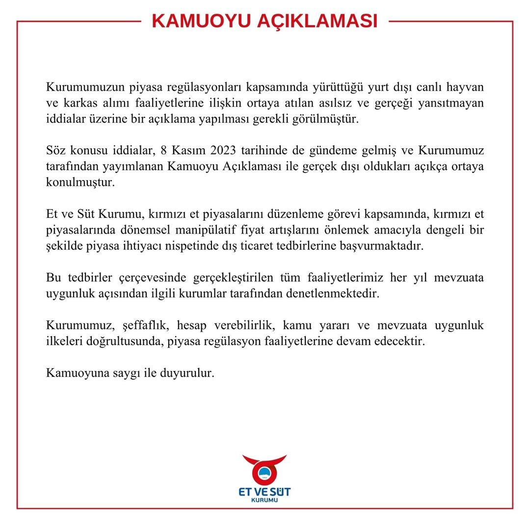 Et ve Süt Kurumu ndan yurt dışı canlı hayvan ve karkas alımı faaliyetlerine ilişkin ortaya atılan iddialara açıklama 1