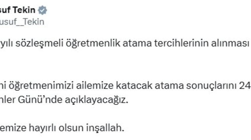 Bakan Tekin: Atama sonuçlarını Öğretmenler Günü'nde açıklayacağız