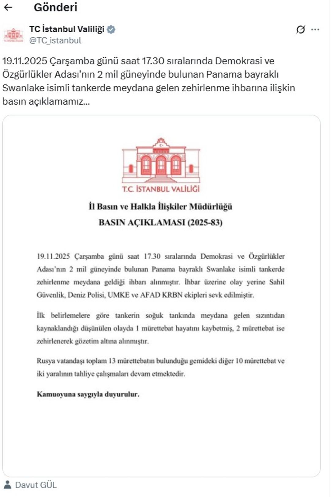 Valilik duyurdu! İstanbul açıklarında gemide zehirlenme: 1 mürettebat hayatını kaybetti, 2 kişi gözetim altında 2