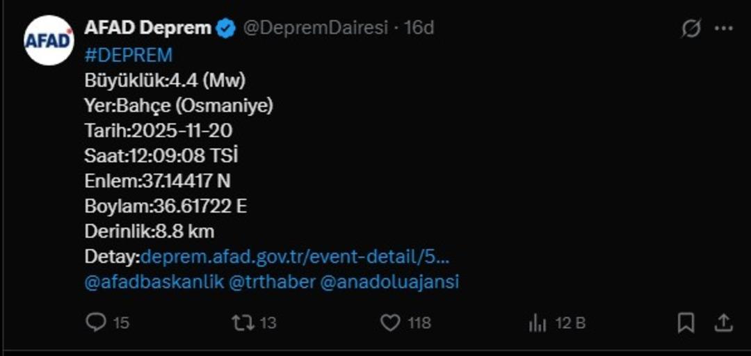 AFAD duyurdu: Osmaniye de 4,4 büyüklüğünde deprem 1