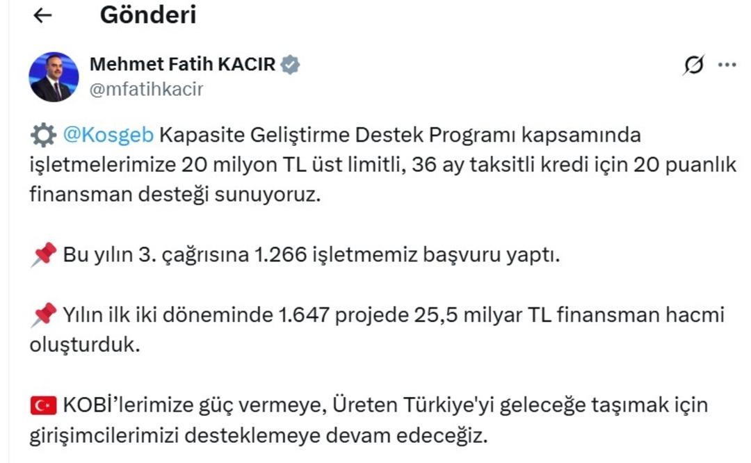 Bakan Kacır duyurdu! İşletmelere 20 milyon TL üst limitli, 36 ay taksitli kredi desteği 2