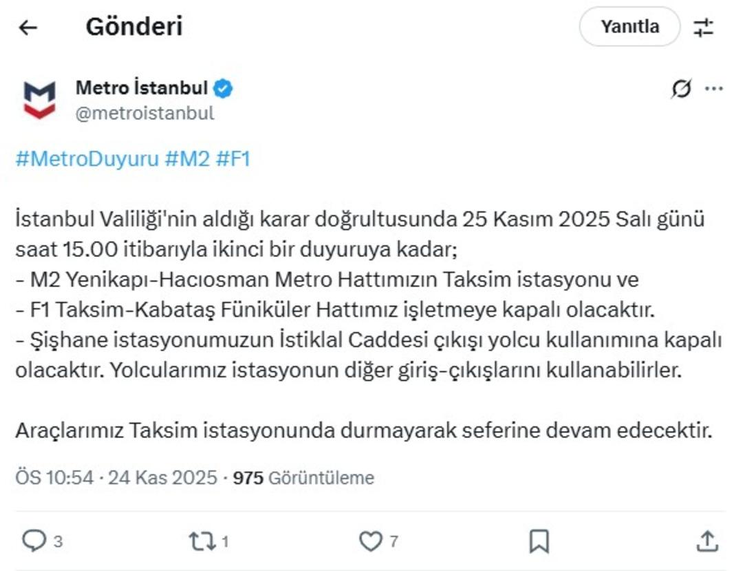 İstanbullular dikkat! Taksim ve Şişhane metro istasyonları ge&ccedil;ici s&uuml;reyle kapatılacak 1