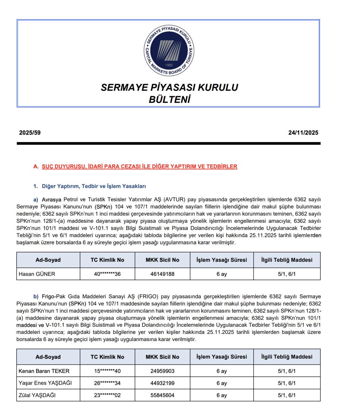 SPK, AVTUR ve FRIGO hisselerinde 4 kişiye geçici işlem yasağı getirdi 1