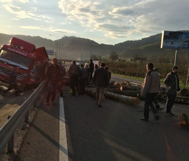 Ünye’de tomruk yüklü kamyon devrildi: 1 yaralı