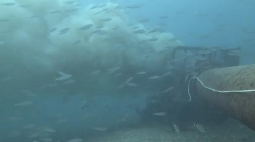 &Ccedil;anakkale'de boğaza d&ouml;k&uuml;len atık su ile karşılaşan dalgı&ccedil;, o anları su altı kamerasıyla kaydetti