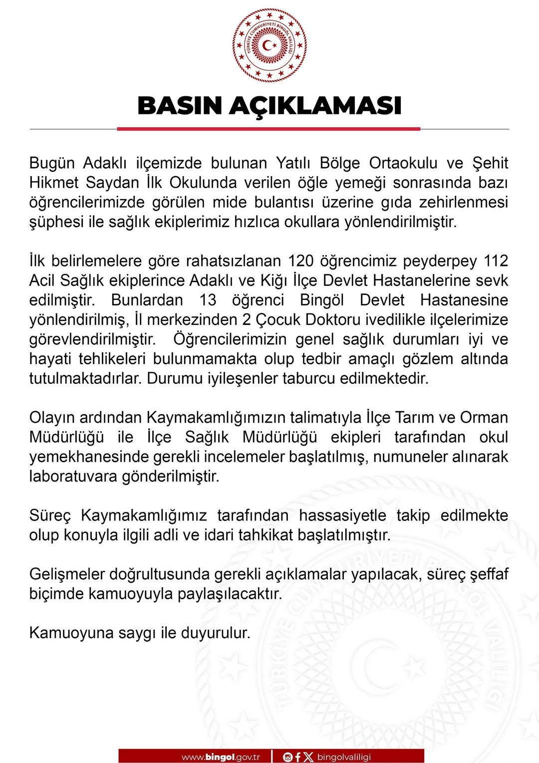 Bingöl de okulda yemek yiyen 120 öğrenci rahatsızlandı! Valilikten açıklama 2