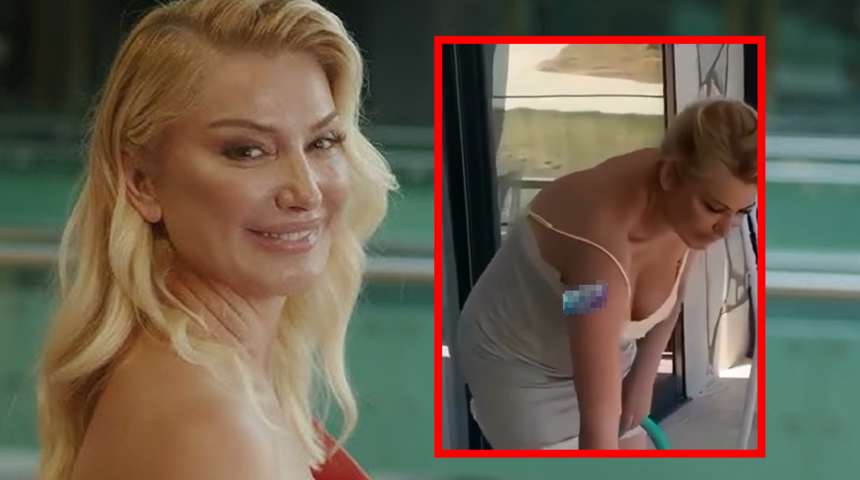 Song&uuml;l Karlı gecelikle balkon suladı! Sevda T&uuml;rk&uuml;sev kendini tutamadı