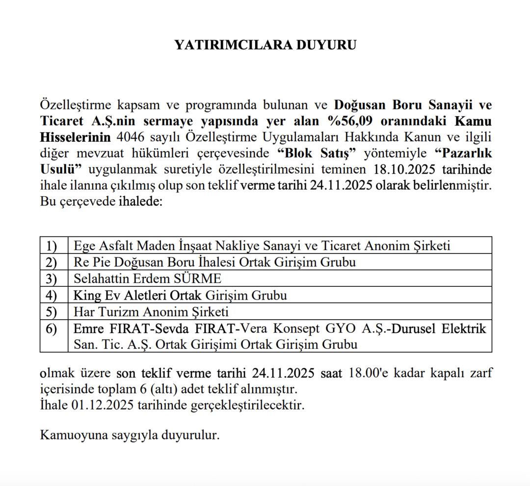 Doğusan Boru (DOGUB) hisselerinde blok satış için 6 teklif geldi 1