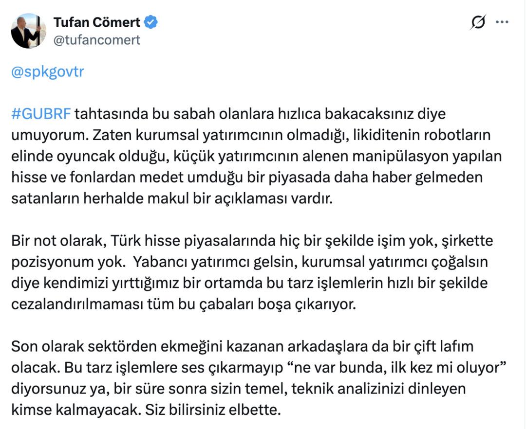 BBVA’lı Tufan Cömert, GUBRF’teki işlemleri Twitter’dan SPK’ya şikâyet etti 1