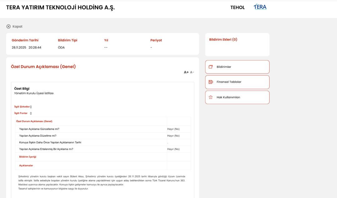 Tera Yatırım Teknoloji Holding (TEHOL) Yönetim Kurulu Başkan Vekili istifa etti 1
