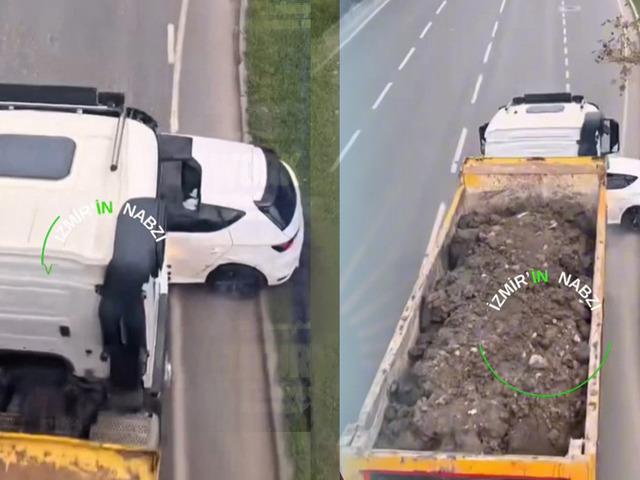 İzmir'de korku dolu anlar! Kamyonun önünde 100 metre böyle sürüklendi