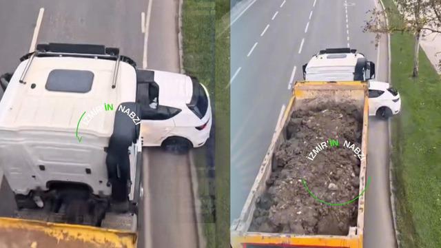 İzmir'de korku dolu anlar! Kamyonun önünde 100 metre böyle sürüklendi