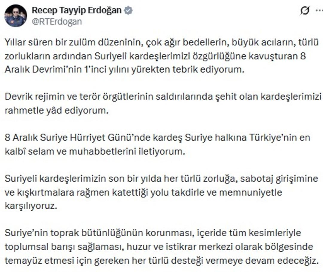 Cumhurbaşkanı Erdoğan dan 8 Aralık Devrimi mesajı: Yürekten tebrik ediyorum 1