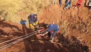 Tahliye kanalına düşen inek kurtarıldı