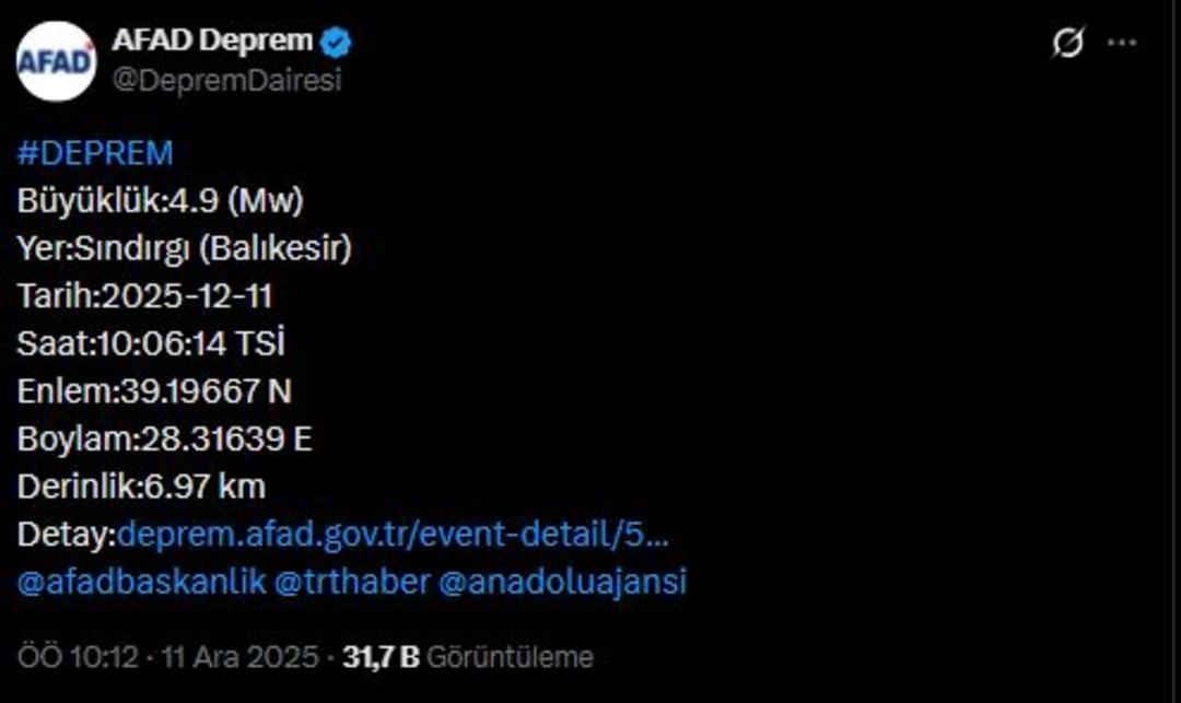 AFAD duyurdu! Balıkesir de 4.9 b&uuml;y&uuml;kl&uuml;ğ&uuml;nde deprem 2