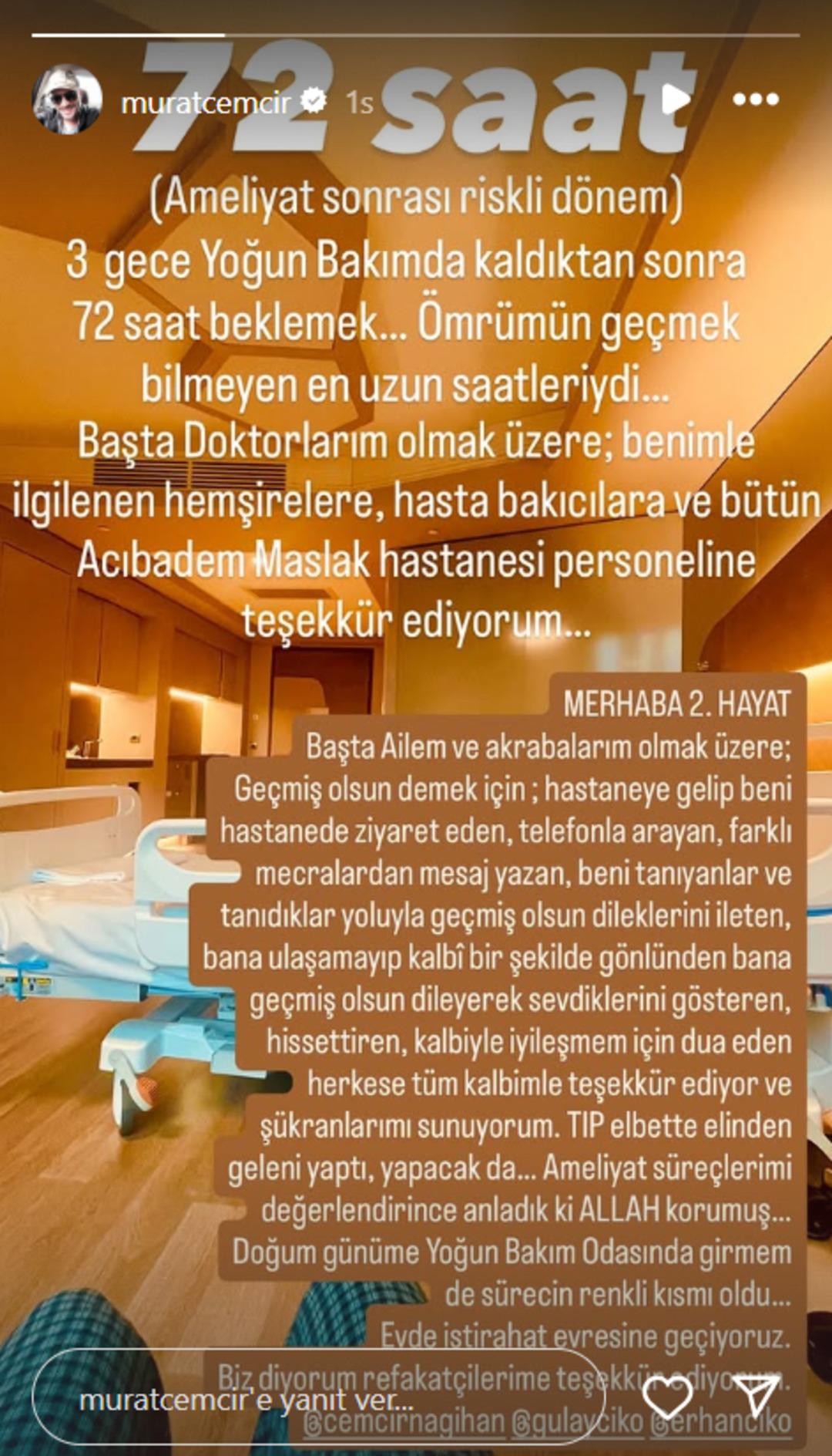 Murat Cemcir hastane odasından ilk paylaşımı yaptı: “Merhaba ikinci hayat” 1