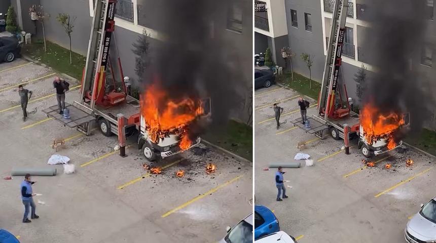 Ev taşıma kabusa döndü! Vinç bir anda alev aldı