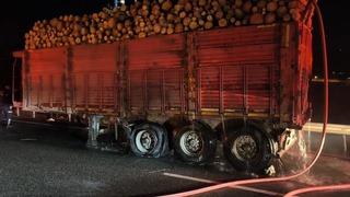 Tomruk yüklü TIR’da çıkan yangın büyümeden söndürüldü