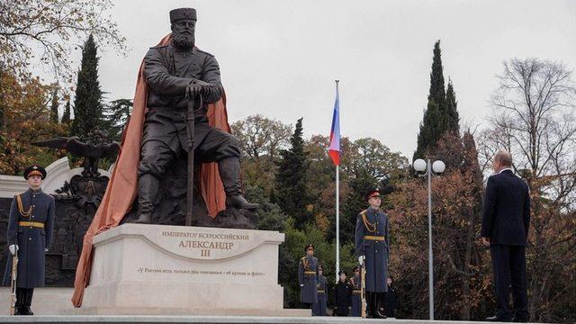 Putin unveiling a monument to Tsar Alexander III, father of the last Romanov Tsar Nicholas II, in Yalta, Crimea, on November 18, 2017.