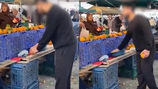 Skandal görüntü! Portakal satmak için pazarcının bulduğu hile şaşkına çevirdi