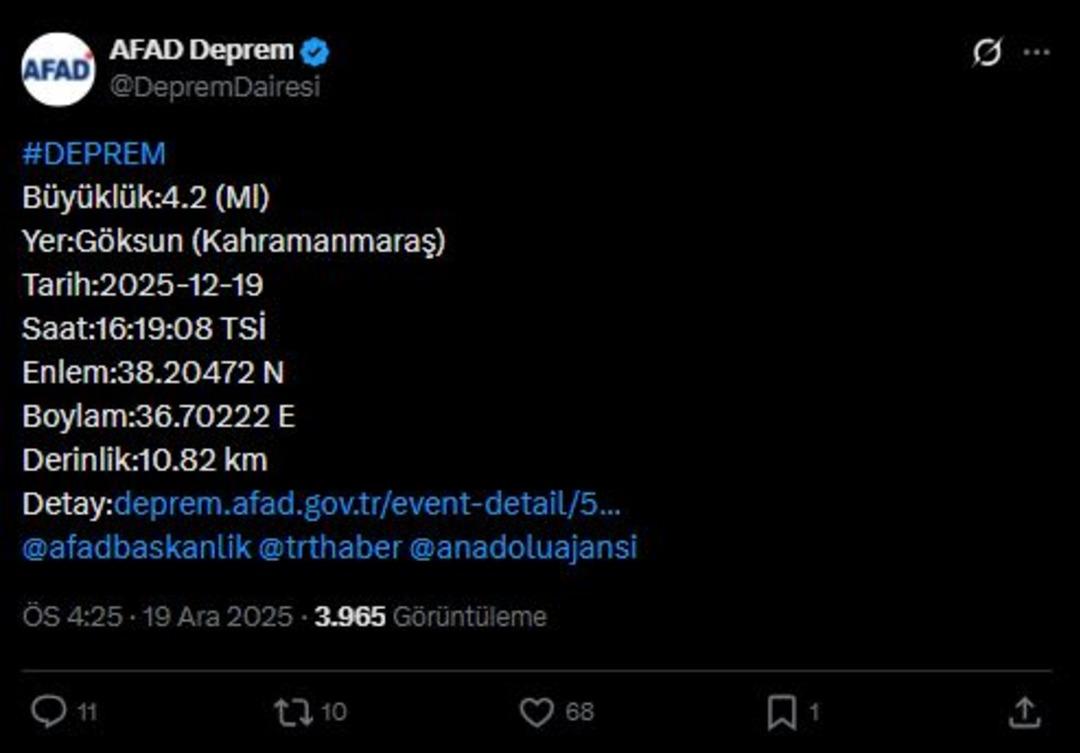 Kahramanmaraş ta 4.2 büyüklüğünde deprem 1
