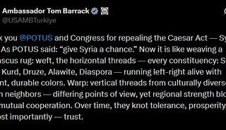 ABD Suriye &Ouml;zel Temsilcisi Barrack'tan 'Sezar Yasası' teşekk&uuml;r&uuml;