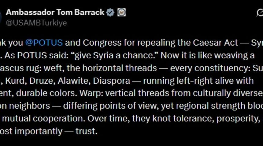 ABD Suriye &Ouml;zel Temsilcisi Barrack'tan 'Sezar Yasası' teşekk&uuml;r&uuml;