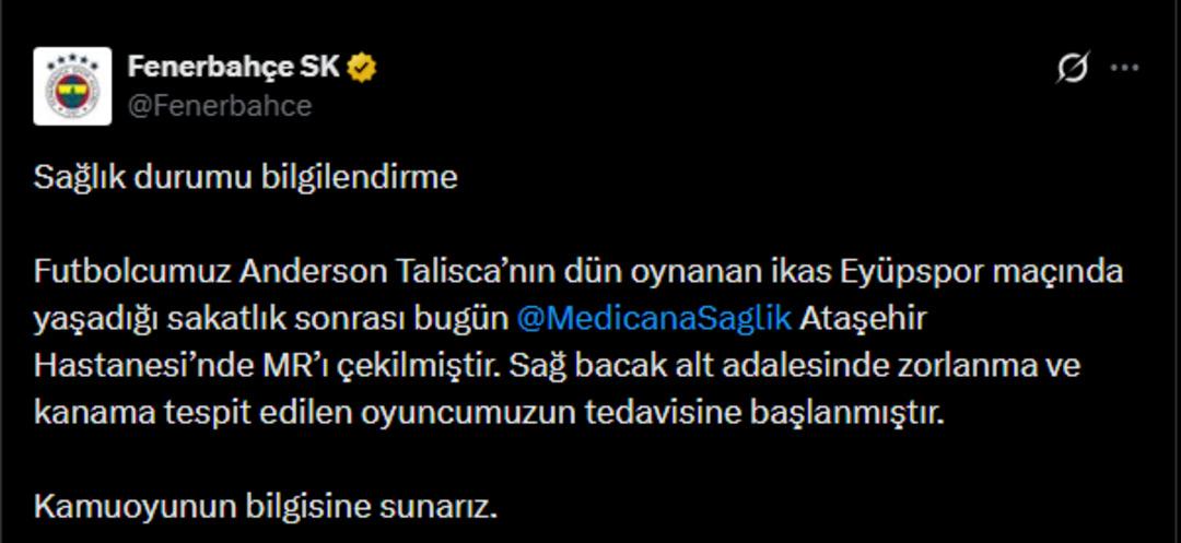 Fenerbah&ccedil;e de Beşiktaş derbisi &ouml;ncesi Anderson Talisca şoku! Resmi a&ccedil;ıklama geldi 2