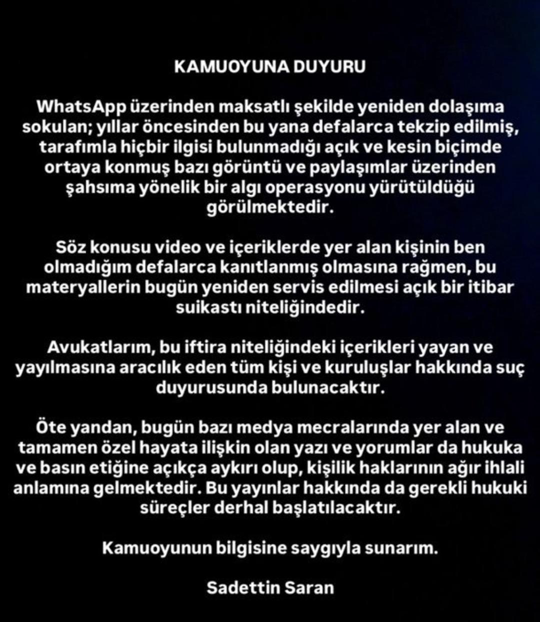 Sadettin Saran sosyal medya hesabından duyurdu! Suç duyurusunda bulunacak 1