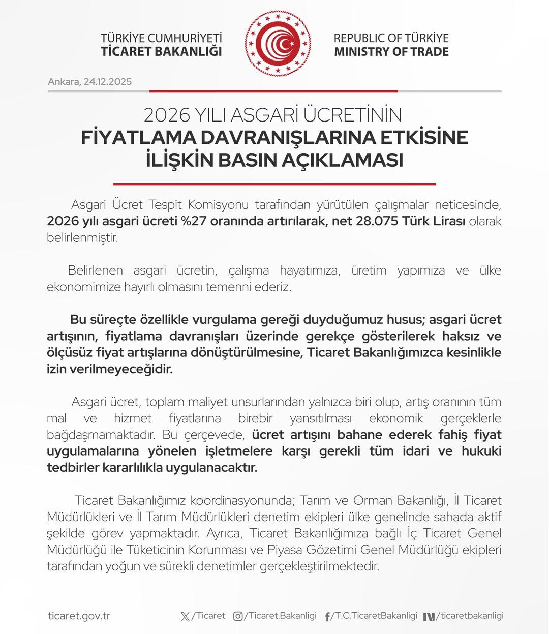 Bakanlıktan asgari &uuml;cret sonrası  zam  uyarısı  Kesinlikle izin verilmeyecek  2