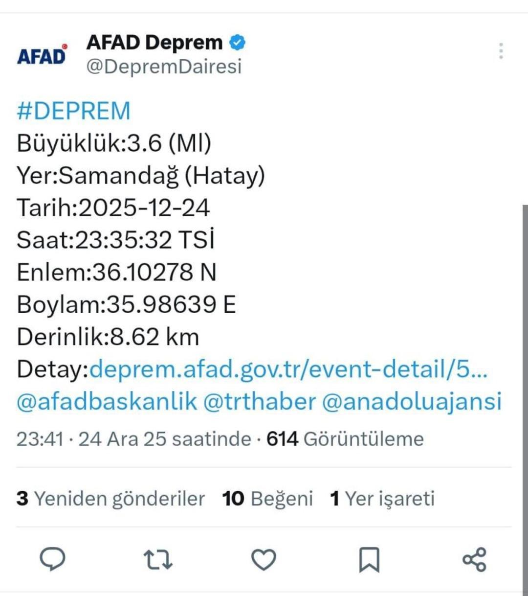 AFAD duyurdu: Hatay da 3,6 b&uuml;y&uuml;kl&uuml;ğ&uuml;nde deprem 1