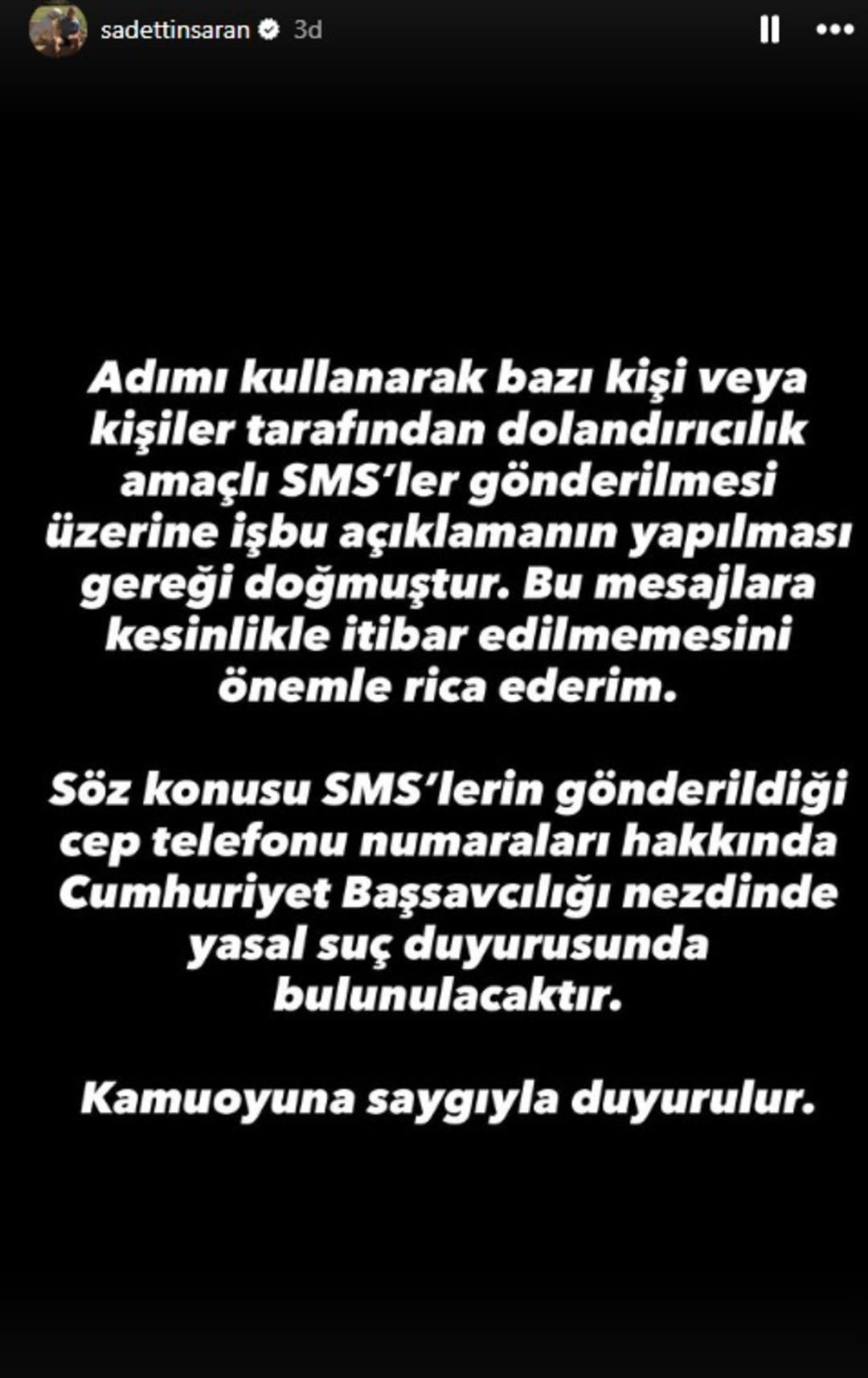Fenerbah&ccedil;e Başkanı Sadettin Saran dan  dolandırıcılık  uyarısı: "Yasal s&uuml;re&ccedil; başlatılacak, itibar etmeyin" 2