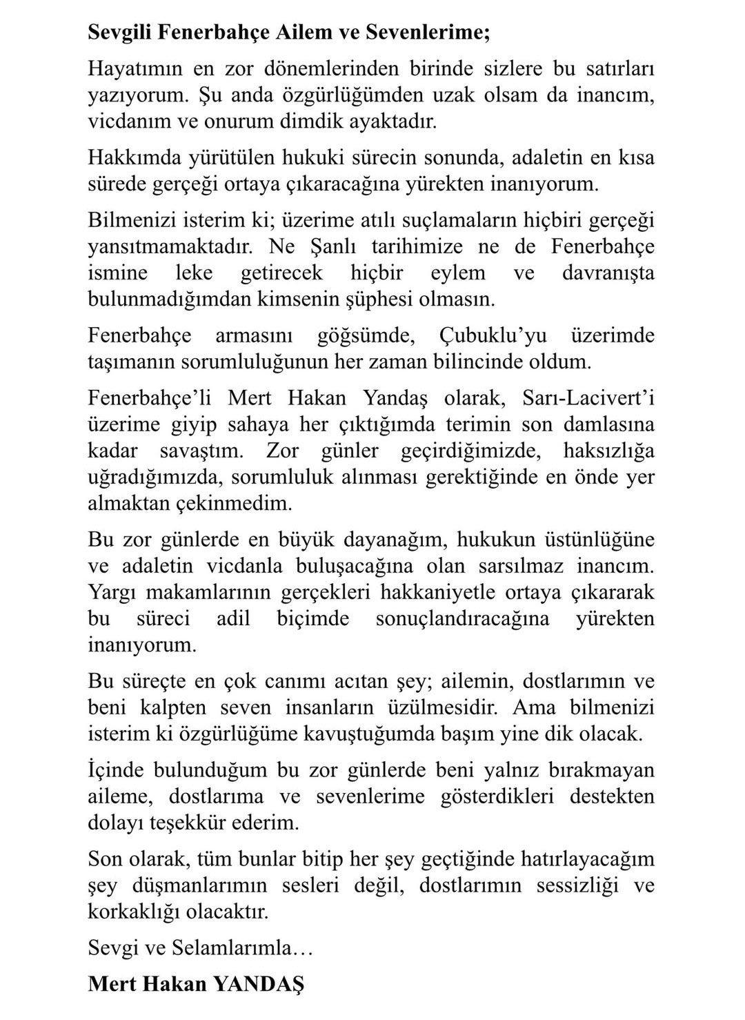 Mert Hakan Yandaş tan Fenerbah&ccedil;e taraftarına mektup! "Canımı en &ccedil;ok acıtan şey..." 2