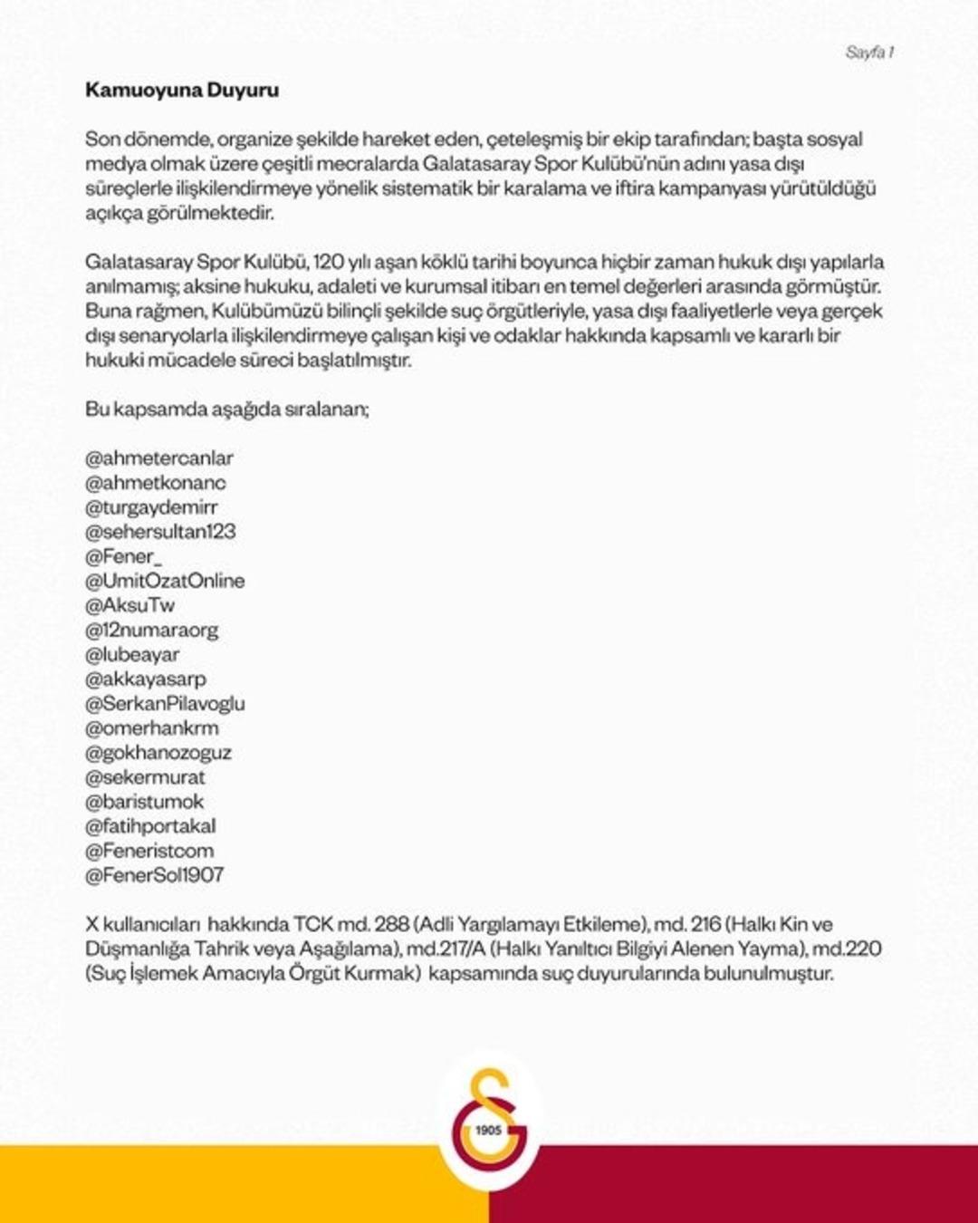 Galatasaray 18 sosyal medya hesabının ismini açıklayıp suç duyurusunda bulundu! 1