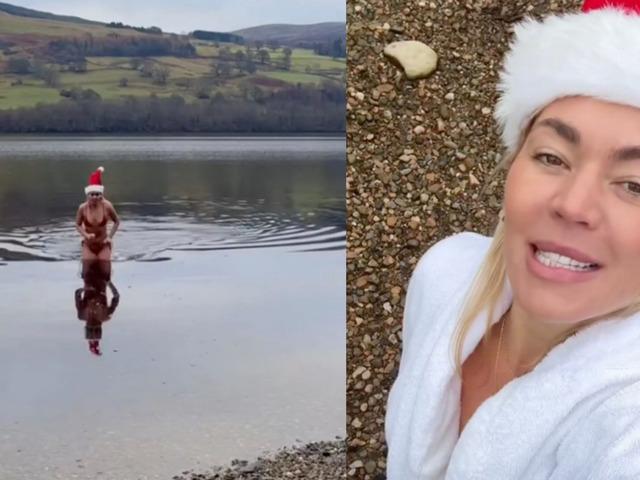 &Uuml;nl&uuml; sunucu kırmızı bikinisiyle buz gibi g&ouml;lde y&uuml;zd&uuml;!