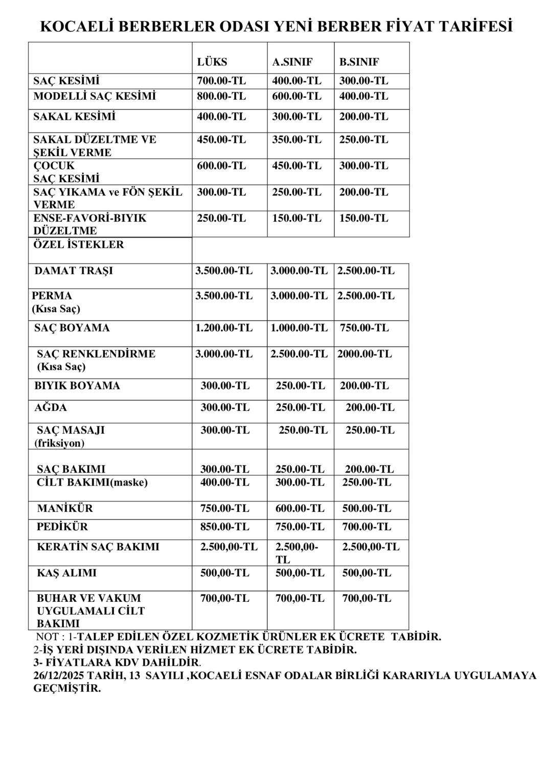 Kocaeli de 2026 berber fiyat tarifeleri belli oldu 3